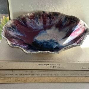Art Studio Pottery Signed Trinket Dish Bowl Purple Blue Glazed Ruffled Edge
